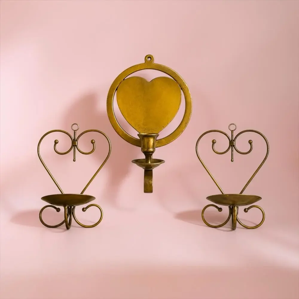 Styled Vintage Brass Heart Collection | Wall Sconce & Pair of Heart Taper Holder